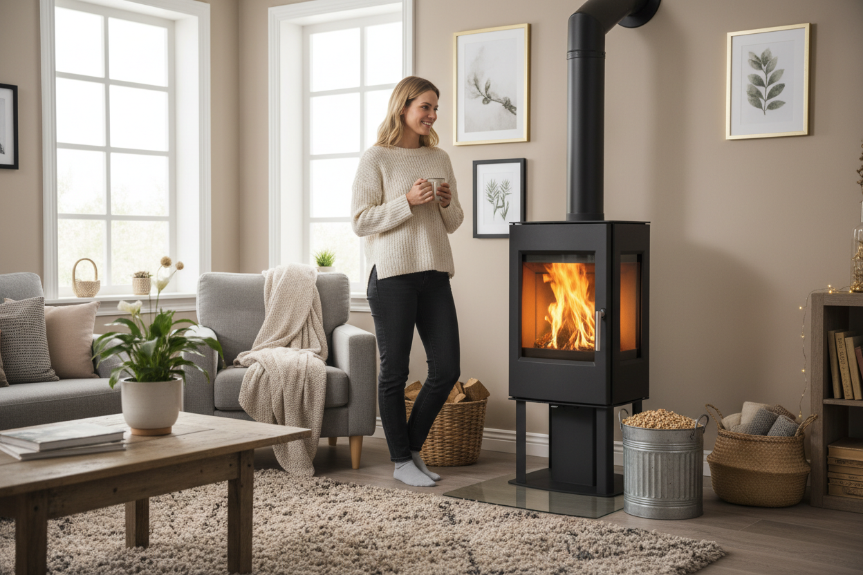 women and pellet wood stove